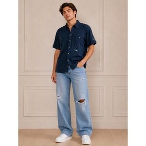 Drake Clothing Company Mens Navy Blue Mesh‎ Lined Vented Fishing Shirt Medium